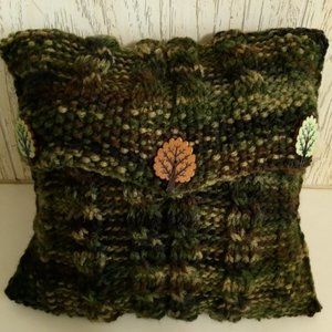 Hand Crafted Knit Cable Throw Pillow Tree Buttons Camo Cabin Sofa Couch